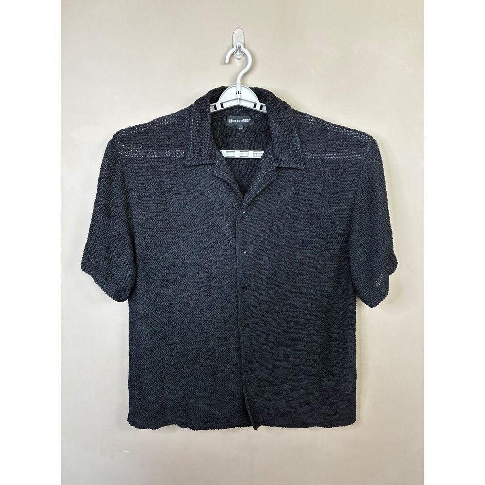 Bonelli Mens Black Open Knit Mesh Button Down Shirt Short Sleeve Camp Collar L
